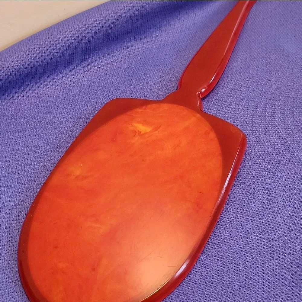 Vintage VG 1930s/1940s Orange Marblized Celluloid/Bakelite Hand Mirror 12” Long